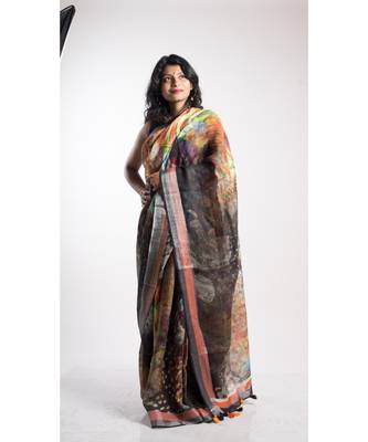 Multicolor Printed Linen Saree With Blouse 2