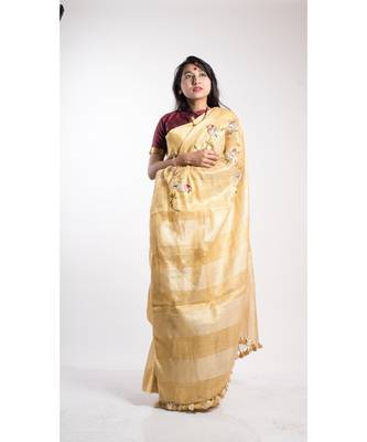 Gold Printed Linen Saree With Blouse 1
