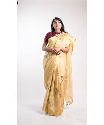 Gold Printed Linen Saree With Blouse 2