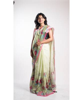 Multicolor Printed Linen Saree With Blouse 1