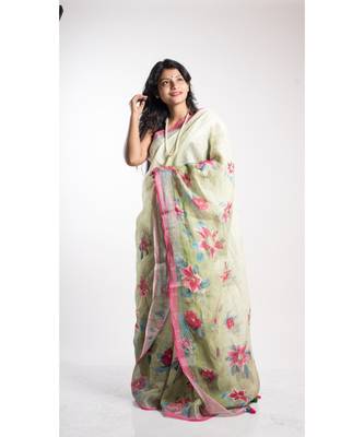 Multicolor Printed Linen Saree With Blouse 2