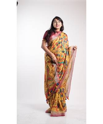 Multicolor Printed Linen Saree With Blouse 2