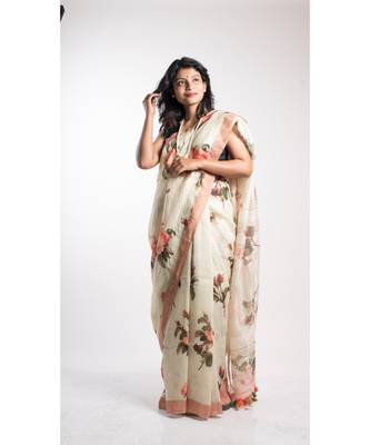 Multicolor Printed Linen Saree With Blouse 1