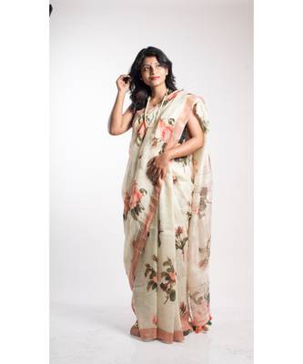 Multicolor Printed Linen Saree With Blouse 2