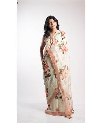Multicolor Printed Linen Saree With Blouse 3