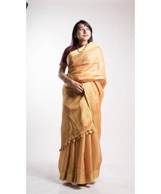 Gold Tissue Linen Saree With Blouse 2