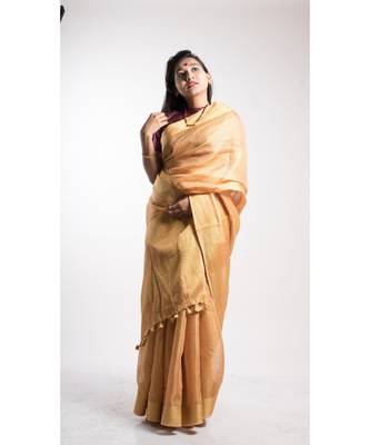 Gold Tissue Linen Saree With Blouse 3