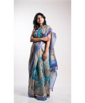 multicolor printed linen saree with blouse 1