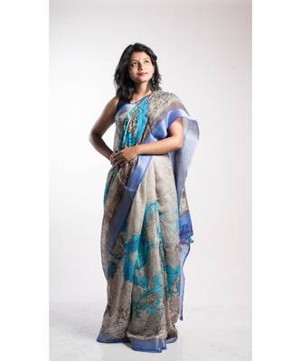 multicolor printed linen saree with blouse 2