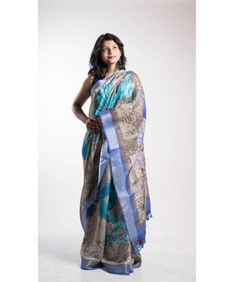 multicolor printed linen saree with blouse 3