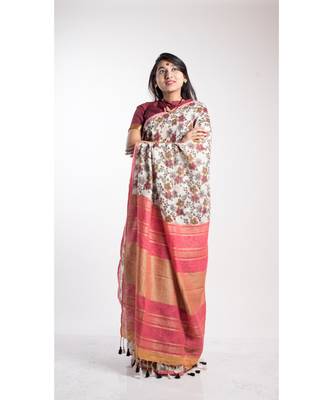 Multicolor Printed Linen Saree With Blouse 1