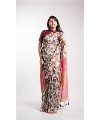 Multicolor Printed Linen Saree With Blouse 2