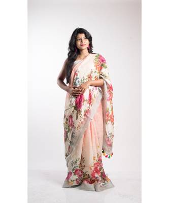 Multicolor Printed Linen Saree With Blouse 3