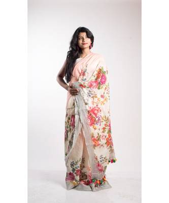 Multicolor Printed Linen Saree With Blouse 4