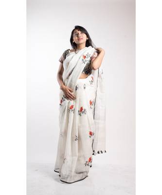 White Embroidery Linen Saree With Blouse 2