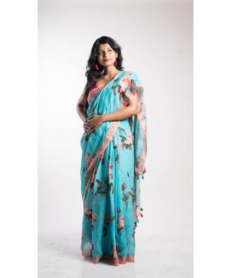 Turquoise Printed Linen Saree With Blouse 1