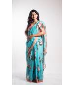 Turquoise Printed Linen Saree With Blouse