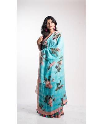 Turquoise Printed Linen Saree With Blouse 2