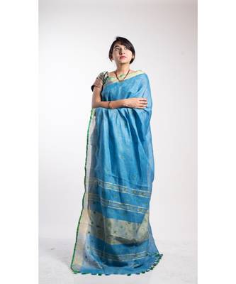 Blue Embroidery Linen Saree With Blouse 1