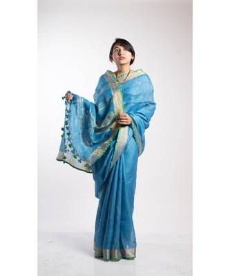 Blue Embroidery Linen Saree With Blouse 2