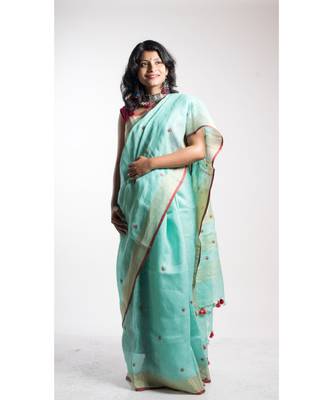 Turquoise Embroidery Linen Saree With Blouse 1