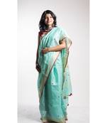Turquoise Embroidery Linen Saree With Blouse