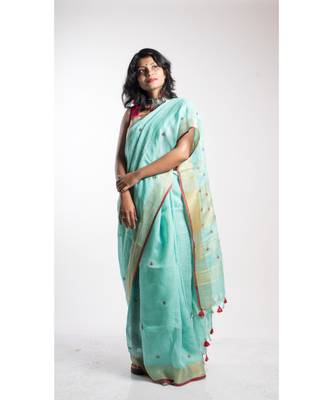 Turquoise Embroidery Linen Saree With Blouse 2