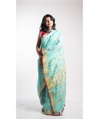 Turquoise Embroidery Linen Saree With Blouse 3