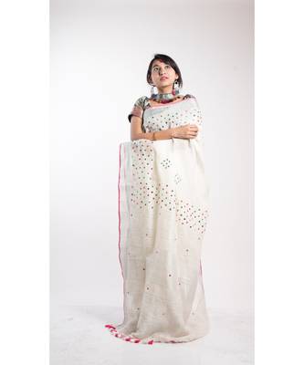 White Embroidery Linen Saree With Blouse 1