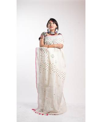 White Embroidery Linen Saree With Blouse 2