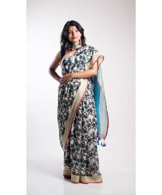 Multicolor Printed Linen Saree With Blouse 1