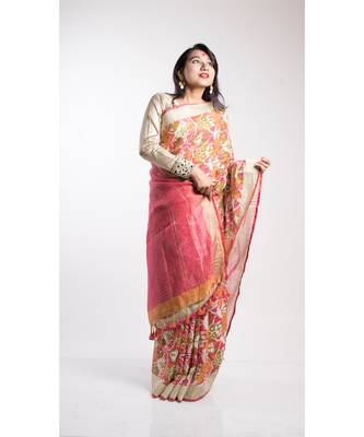 Multicolor Printed Linen Saree With Blouse 2
