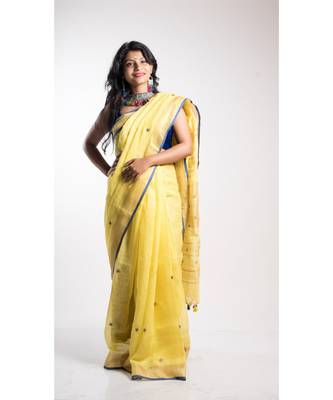 Yellow Printed Linen Saree With Blouse 1