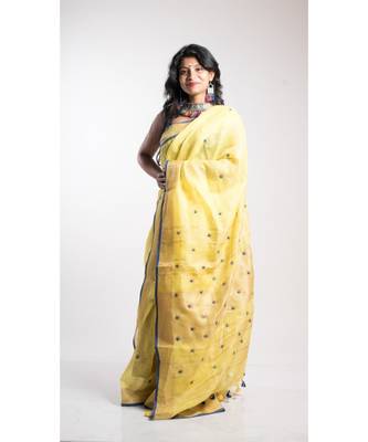 Yellow Printed Linen Saree With Blouse 2