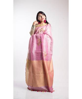 Pink Printed Linen Saree With Blouse 1