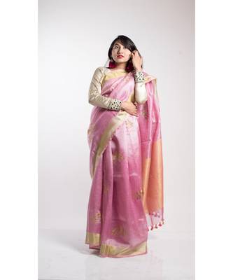 Pink Printed Linen Saree With Blouse 2