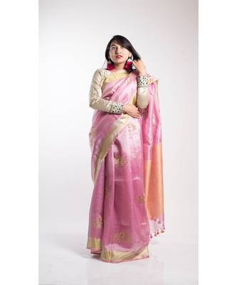Pink Printed Linen Saree With Blouse 3