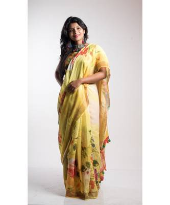 Yellow Printed Linen Saree With Blouse 1