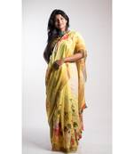 Yellow Printed Linen Saree With Blouse