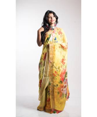 Yellow Printed Linen Saree With Blouse 2