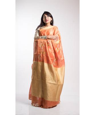 Orange Printed Linen Saree With Blouse 1