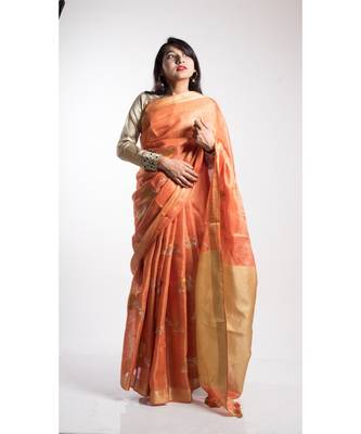 Orange Printed Linen Saree With Blouse 2