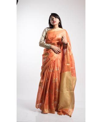 Orange Printed Linen Saree With Blouse 3