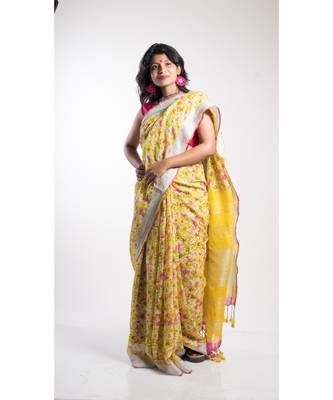 Yellow Printed Linen Saree With Blouse 1