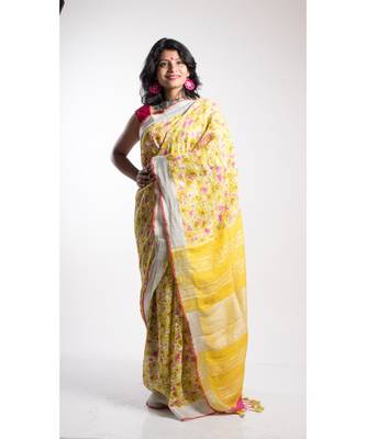 Yellow Printed Linen Saree With Blouse 2