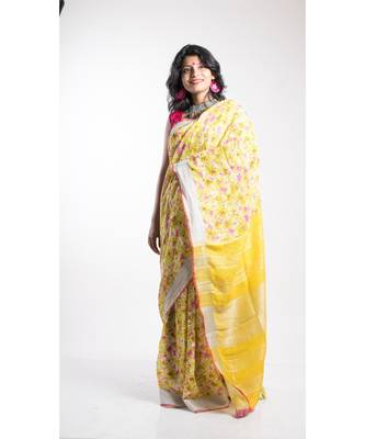 Yellow Printed Linen Saree With Blouse 3