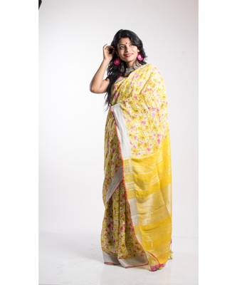Yellow Printed Linen Saree With Blouse 4