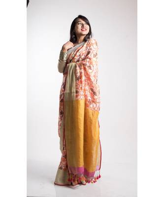 Yellow Printed Linen Saree With Blouse 1