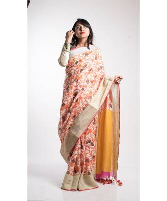 Yellow Printed Linen Saree With Blouse 2