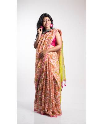 Yellow Printed Linen Saree With Blouse 3
